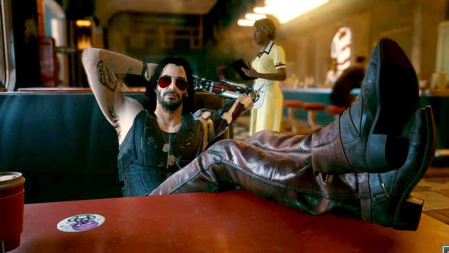 Дейтерагонист Cyberpunk 2077 Джонни Сильверхэнд кладет трусы обратно в бар закусочной, закинув ноги на стол.