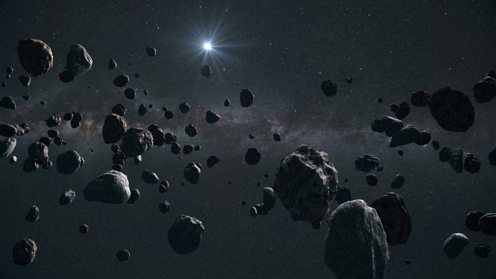 Группа астероидов на фоне Солнца
