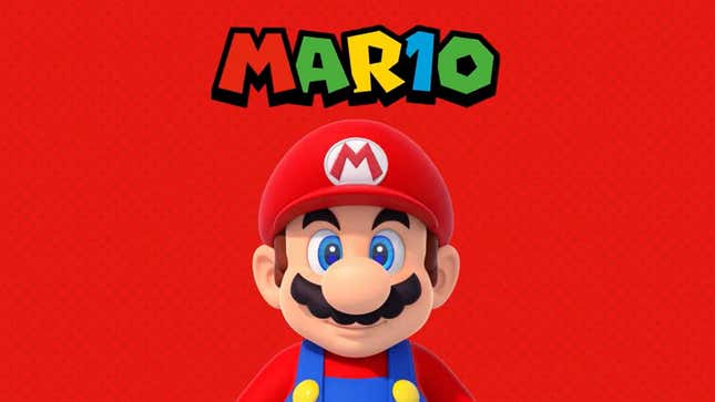 Марио на красном фоне с "10 МАРТА" печатными буквами