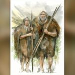 Illustration of Homo heidelbergensis pair wearing cave bear skins for protection from the cold.
