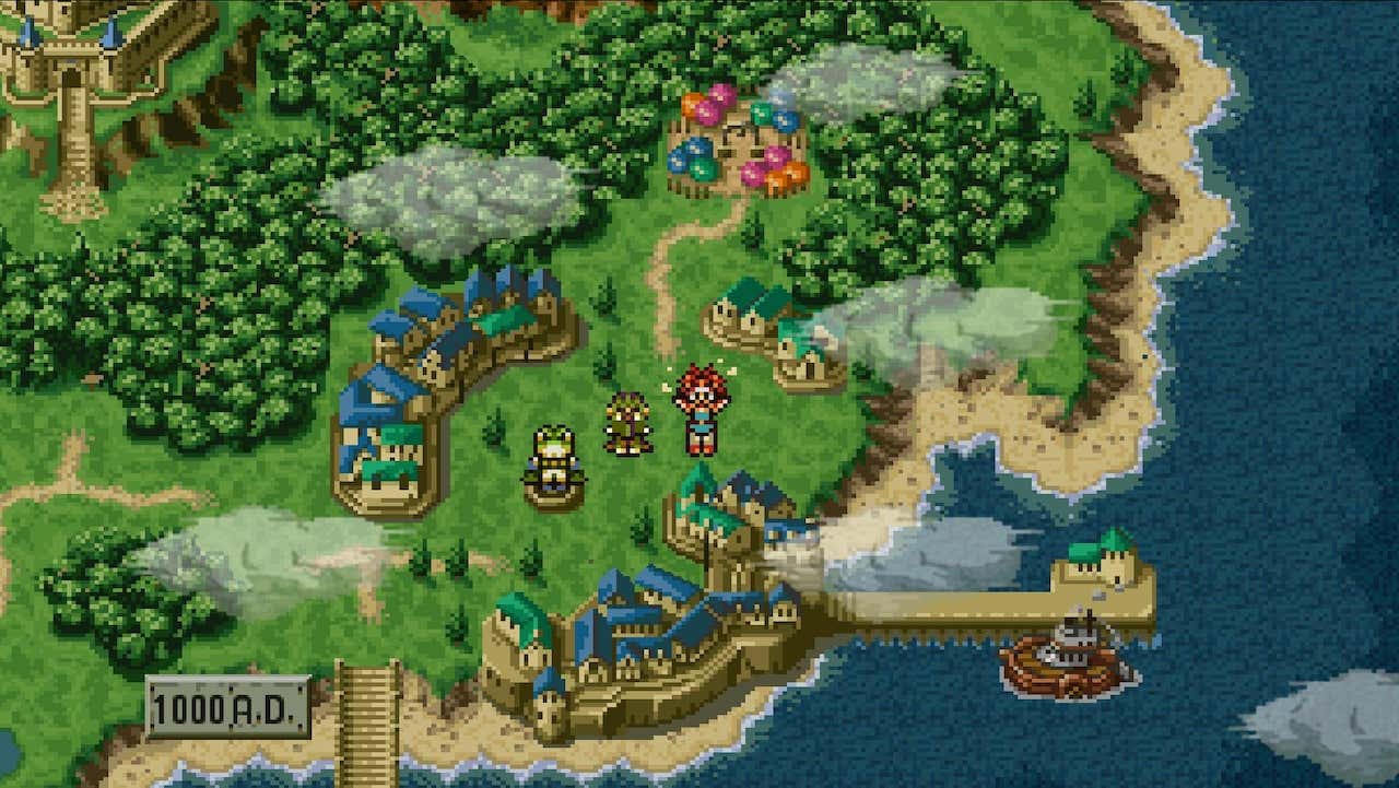 Хроно стоит в центре карты игрового мира с лесами и замком