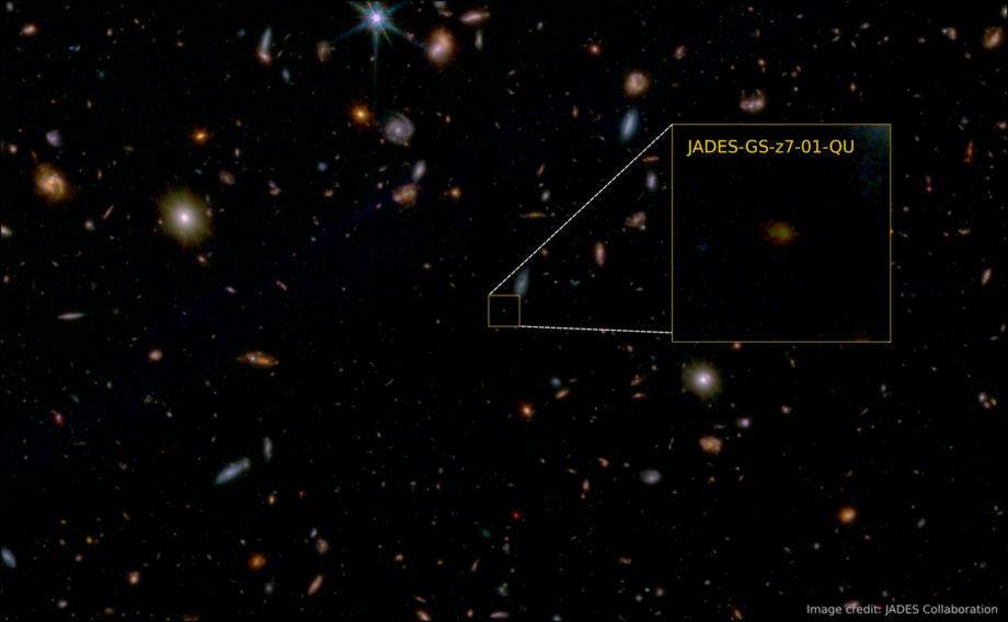 An image from the James Webb Space Telescope highlighting JADES-GS-z7-01-QU, the oldest