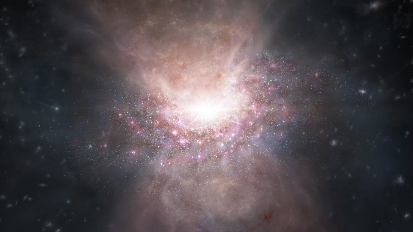 Иллюстрация художника: газ, вытекающий из квазара J2054-0005.