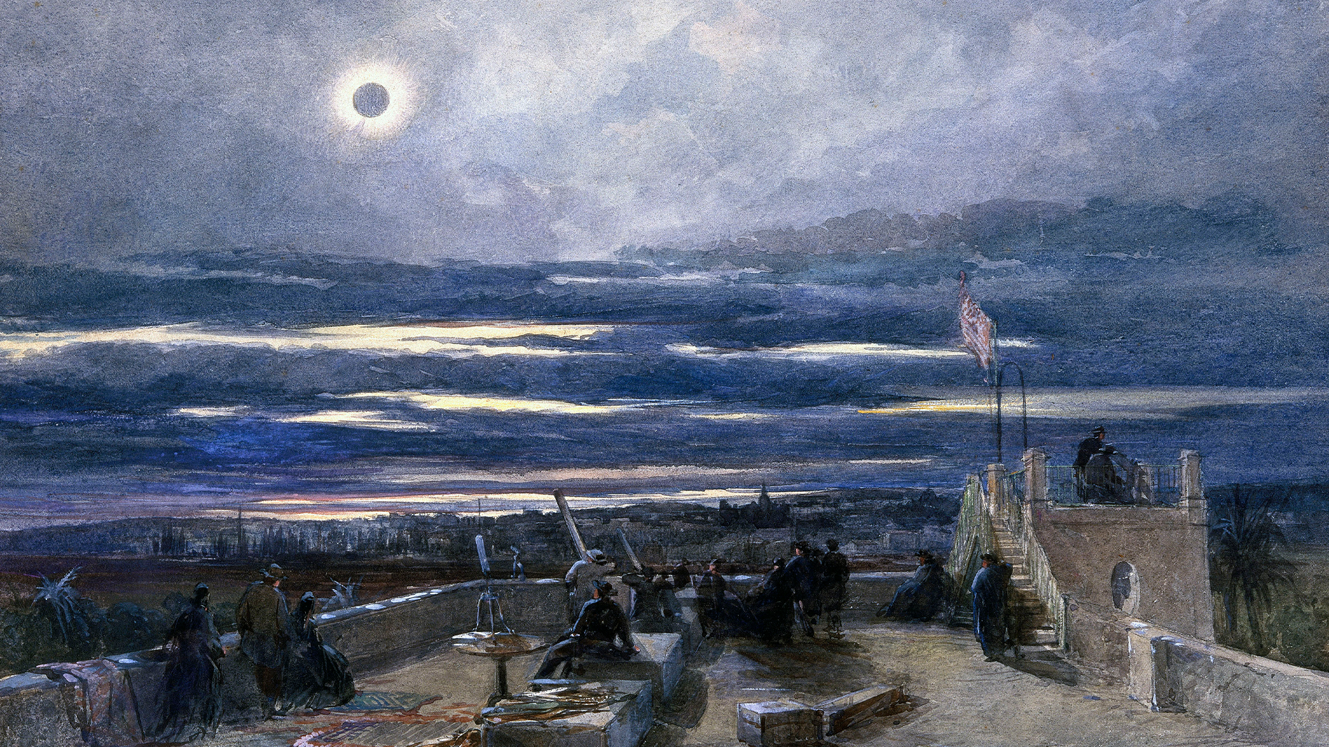 Полное солнечное затмение, Андалусия, Испания, 1870 год. Акварель Поля Якоба Нафтеля.