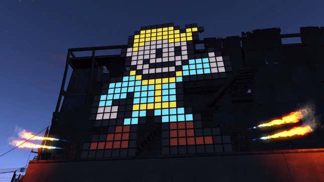 Vault Boy из Fallout показывает знаменитый большой палец вверх на пиксельном рекламном щите.