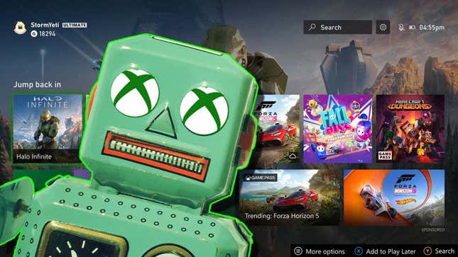Изображение робота зеленого цвета находится перед панелью Xbox.