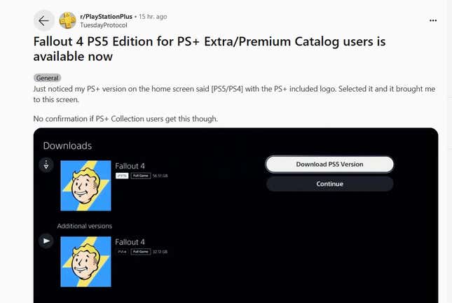 На снимке экрана видно, как подписчик PS Plus бесплатно устанавливает обновление Fallout 4.