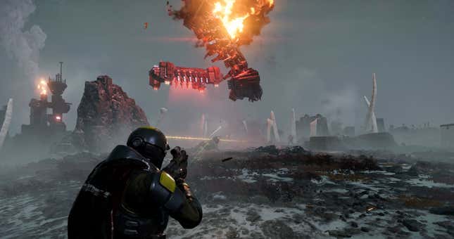 Скриншот игрока Helldivers 2, отбивающегося от кораблей автоматонов.