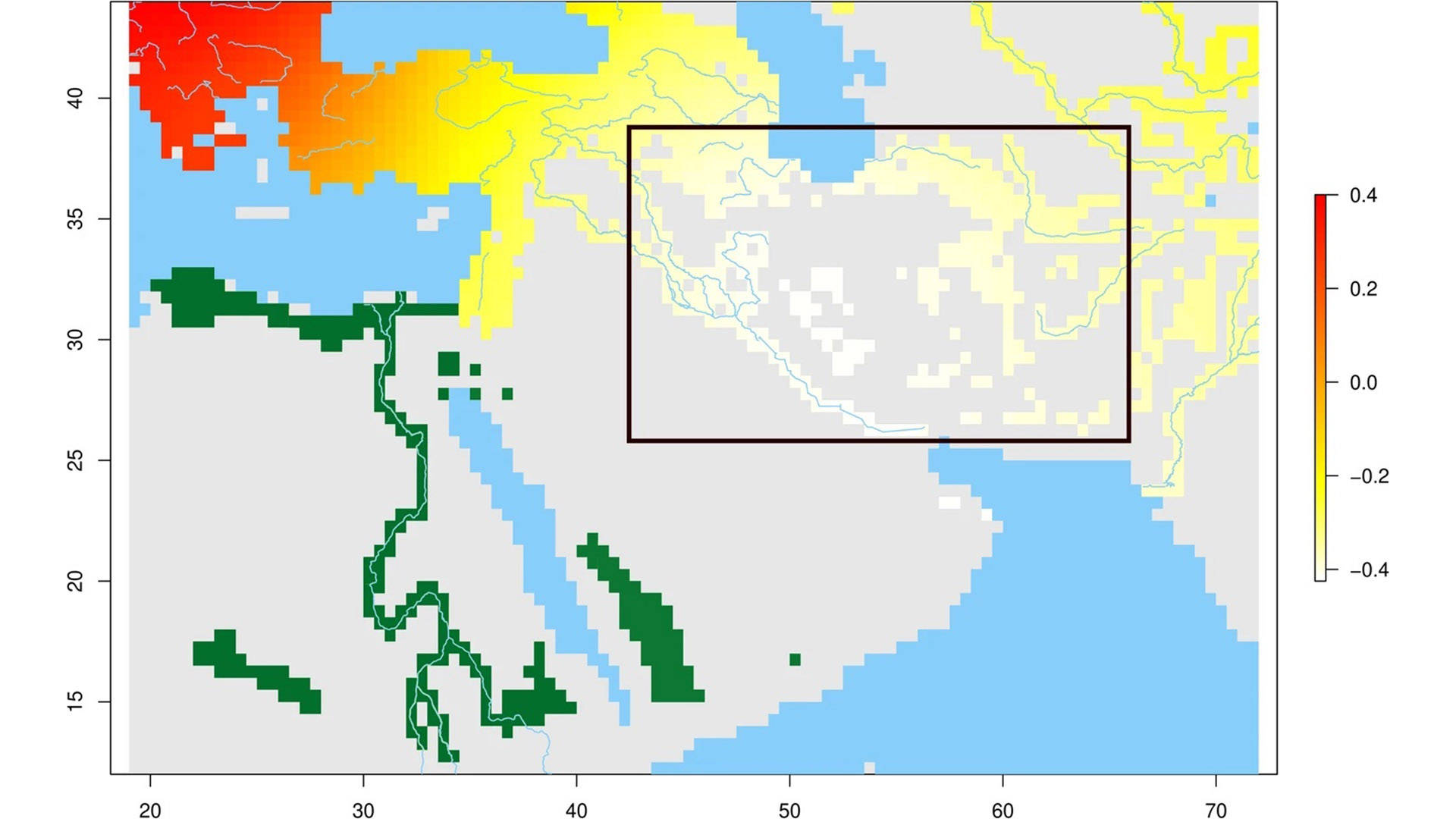 Географическое положение (в черном прямоугольнике) возможного местоположения географического центра Homo sapiens между 70 000 и 45 000 лет назад.