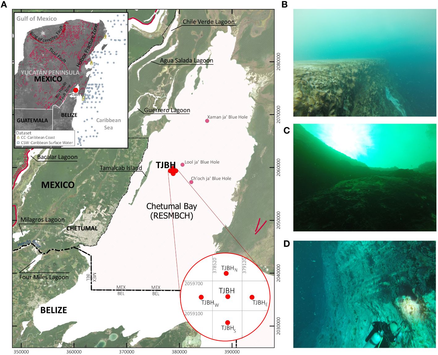 Карта, показывающая расположение голубой дыры Таам Джа, и подводные фотографии голубой дыры.