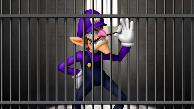 Злодей Nintendo Валуиджи подкручивает усы, находясь за тюремной решеткой.