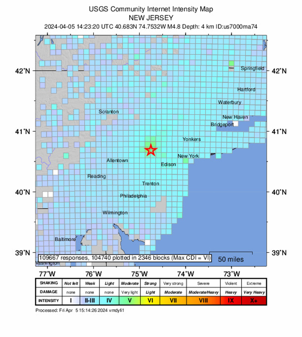 Карта места, где ощущалось землетрясение в Нью-Джерси, место землетрясения отмечено звездочкой.