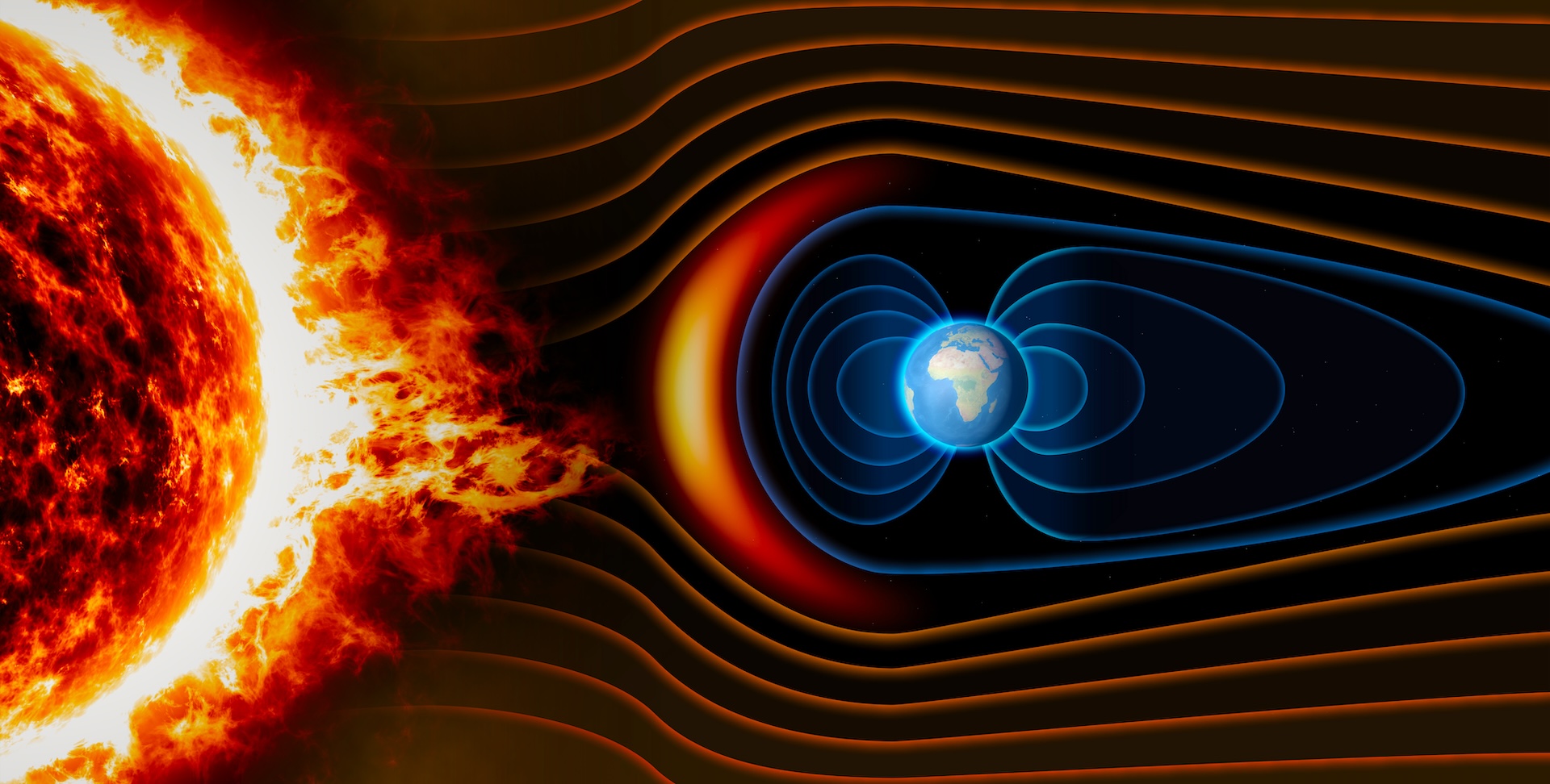 Иллюстрация огненного Солнца и Земли с солнечным ветром, вращающимся вокруг магнитного поля Земли.