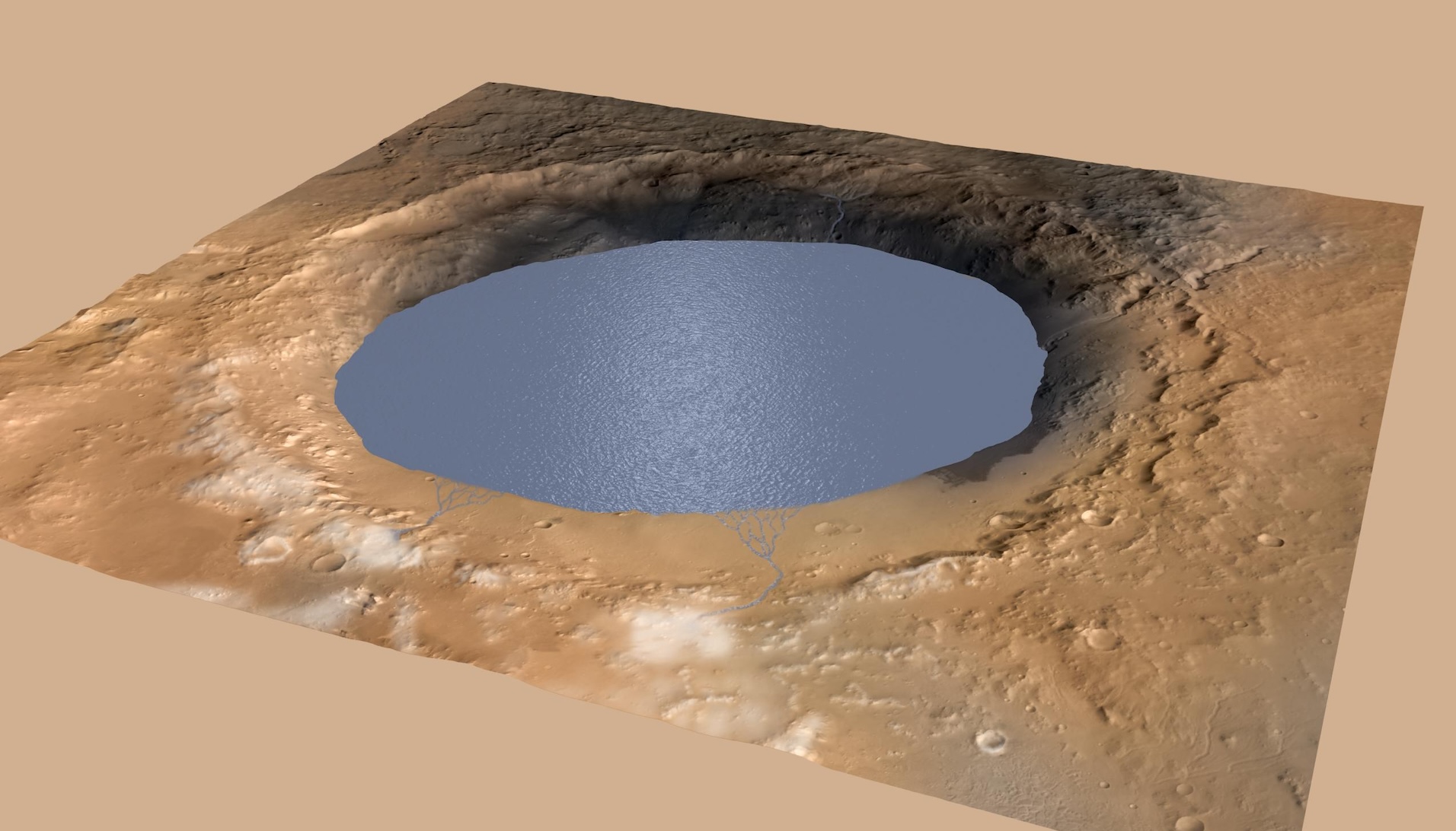 Смоделированный вид кратера Гейла, наполненного водой, каким он мог выглядеть миллионы лет назад.