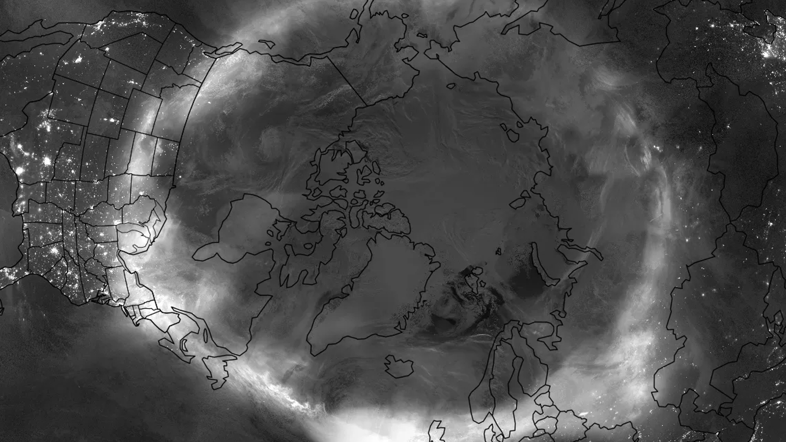Черно-белая фотография северного полушария, показывающая, где располагались полярные сияния 11 мая.
