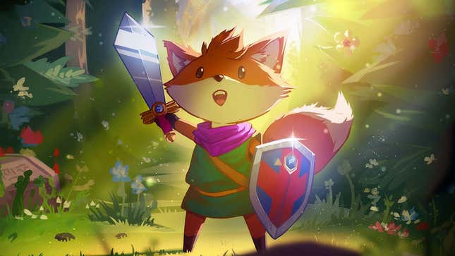 Главный герой Туники, антропоморфная лиса, держит меч в правой руке и щит в левой, стоя в лесу.