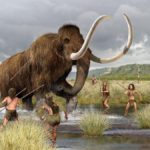 illustration of a hunting scene with seven hunters and a wooly mammoth on a marshy plain.