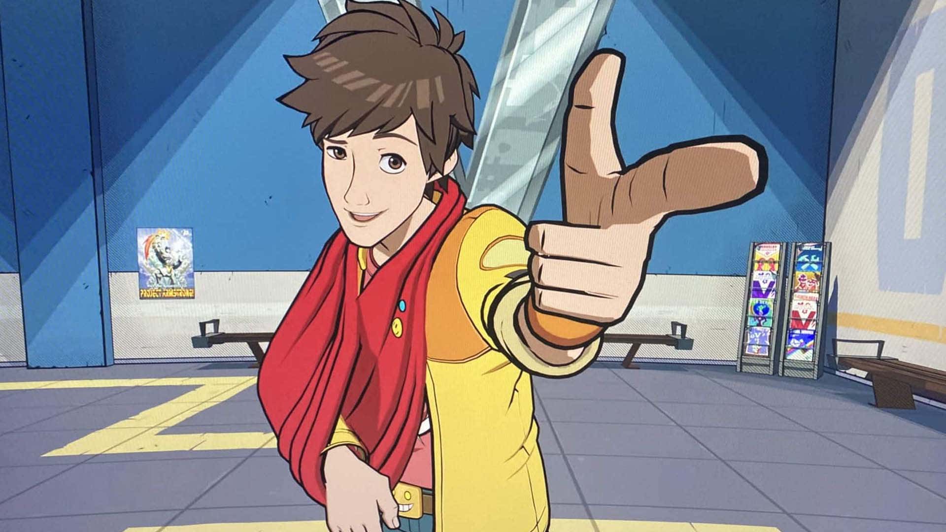 На изображении главный герой Hi-Fi Rush показывает пальцем. 