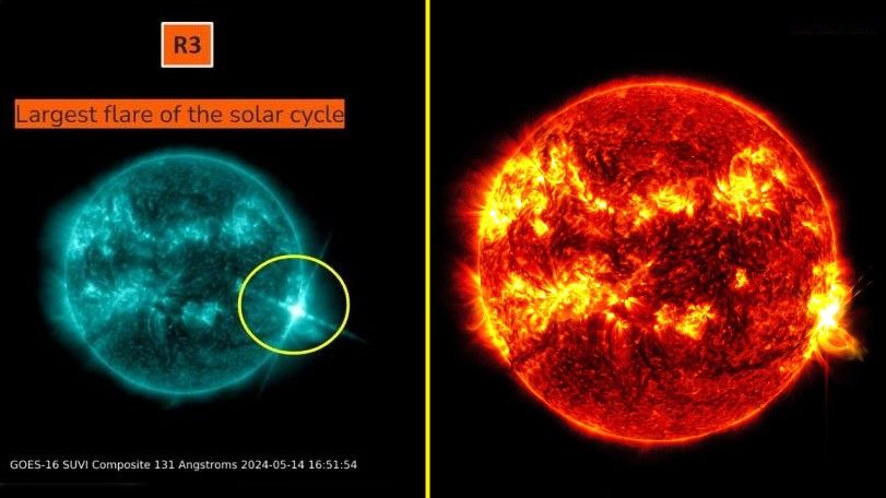 A composite image of the May 14 solar flare taken by the GOES-16 satellite (left) and NASA