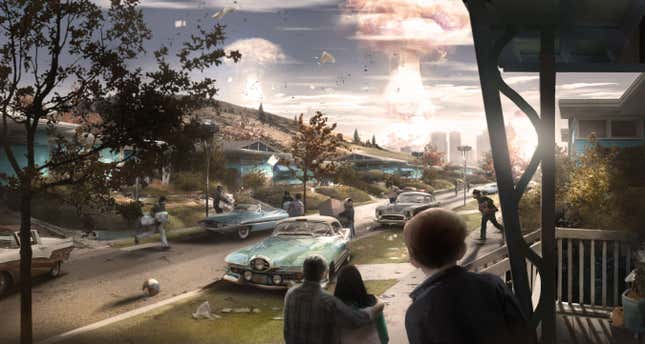 Концепт-арт Fallout 4, демонстрирующий ретрофутуристический/американский стиль серии на фоне взрыва ядерного оружия.