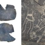 An ancient tablet carved with drawings of warriors.