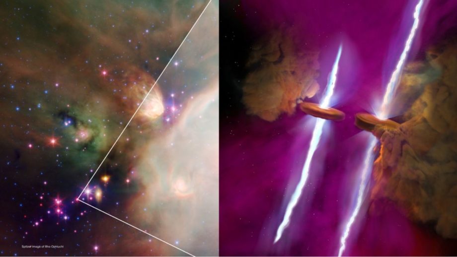 A split image of the location of the stars in space (left) and an artist