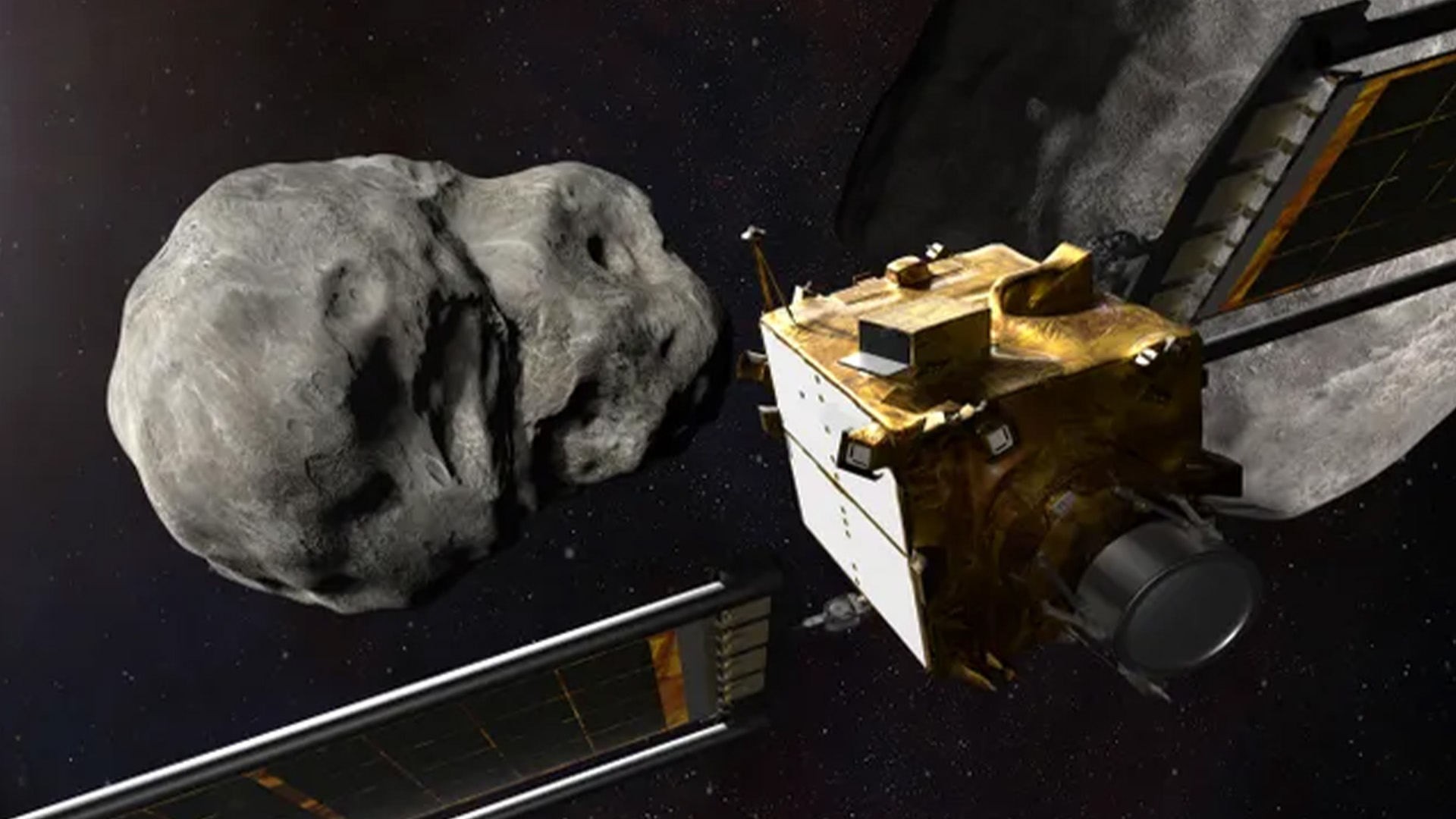 Иллюстрация эксперимента NASA по перенаправлению двойного астероида (DART) во время его приближения к целевому спутнику вокруг астероида Дидим.