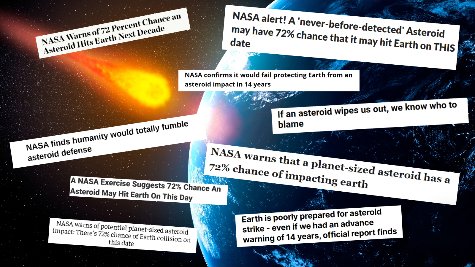 Вводящие в заблуждение заголовки газет наклеены поверх стандартного изображения падения астероида.