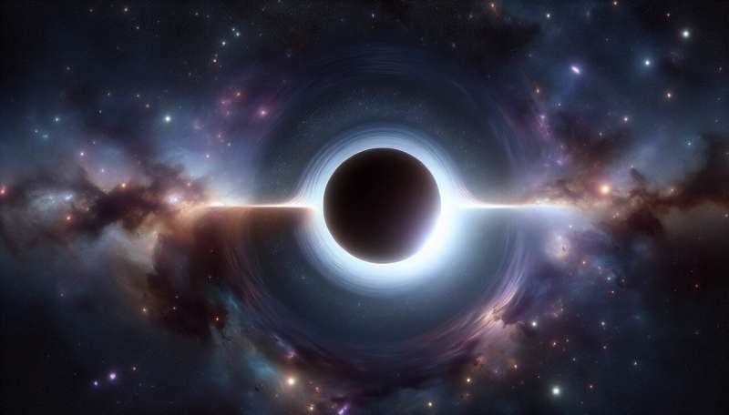 Горизонт событий черной дыры — создайте реалистичное изображение космоса на заднем плане и черный круг посередине, который представляет черную дыру, с небольшим светом, сияющим вокруг черного круга.